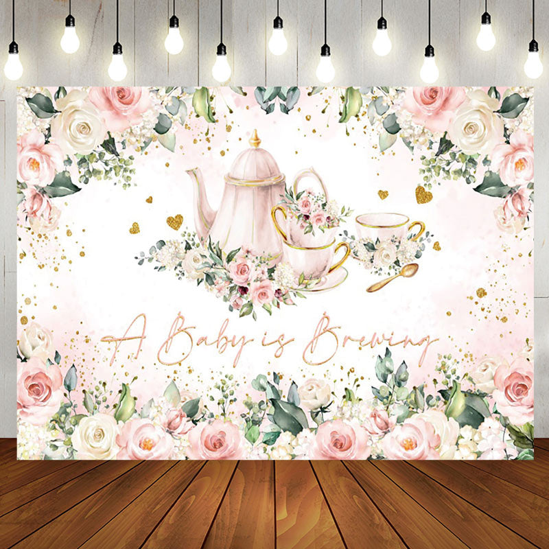 Aperturee - Baby Brewing Pink Floral Tea Cup Baby Shower Backdrop