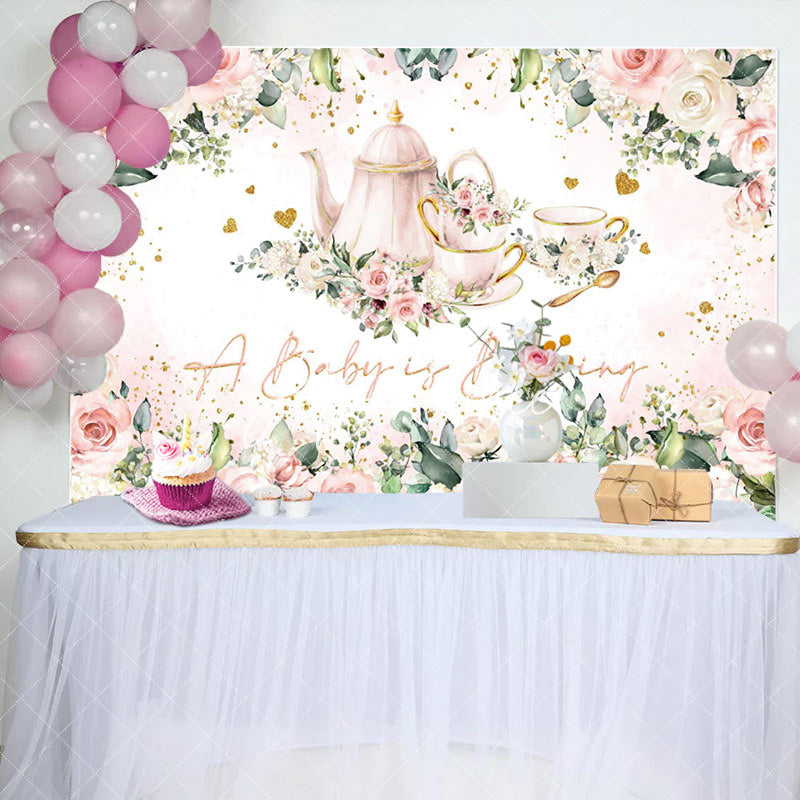 Aperturee - Baby Brewing Pink Floral Tea Cup Baby Shower Backdrop