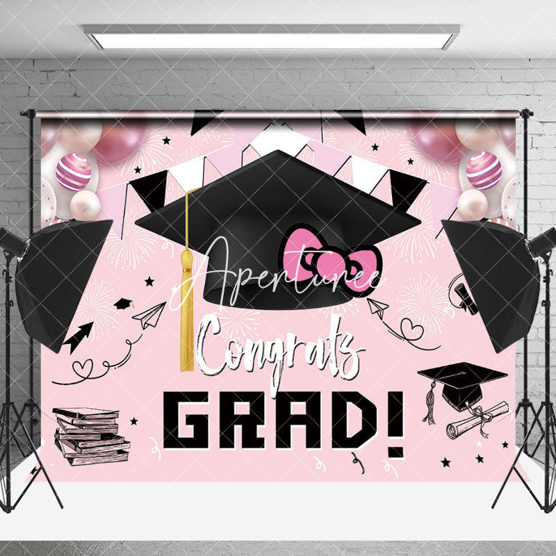 Aperturee - Bachelors Cap Balloon Flag Pink Graduation Backdrop