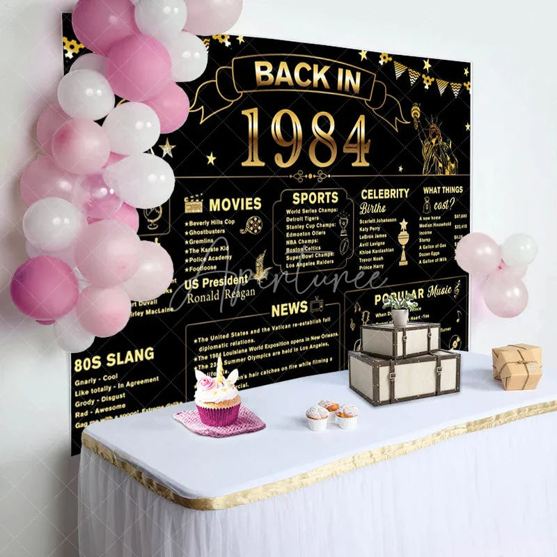 Aperturee - Back In 1984 Black Gold Star 40th Birthday Backdrop