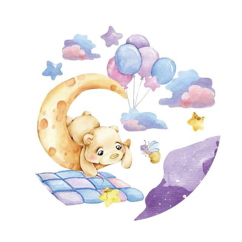 Aperturee - Ballons And Moon Bear Round Baby Shower Backdrop