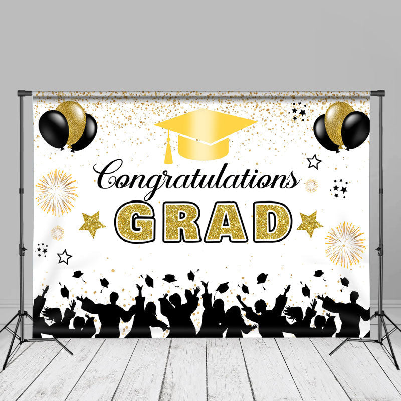 Aperturee - Balloon Gold Glitter White Graduation Backdrop For Photo
