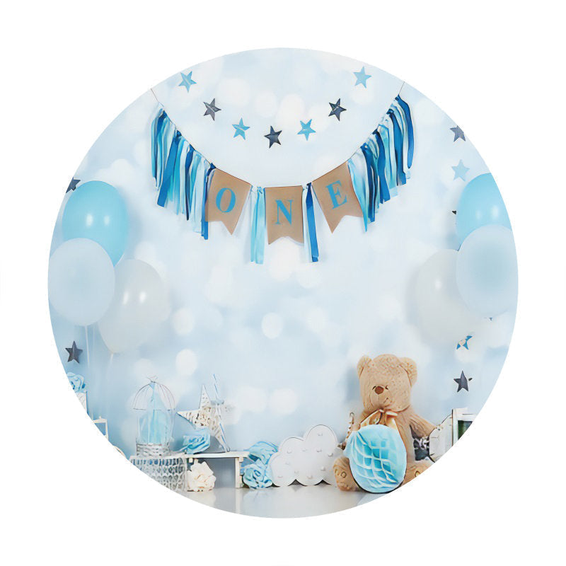 Aperturee - Balloons And Cloud Round Blue 1st Birthday Backdrop
