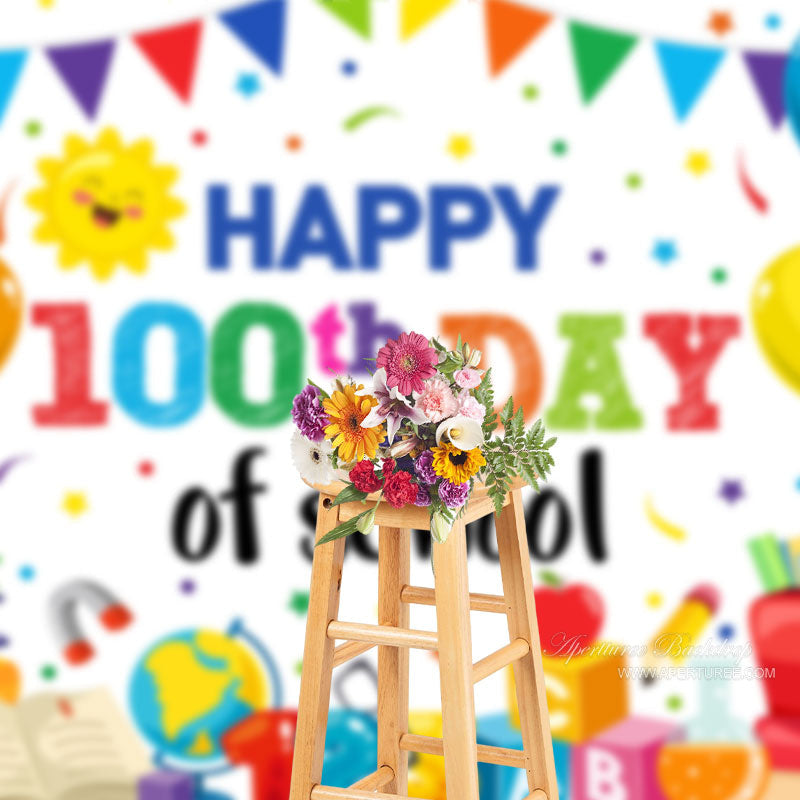 Aperturee - Balloons Books White Happy 100th Day Of School Backdrop