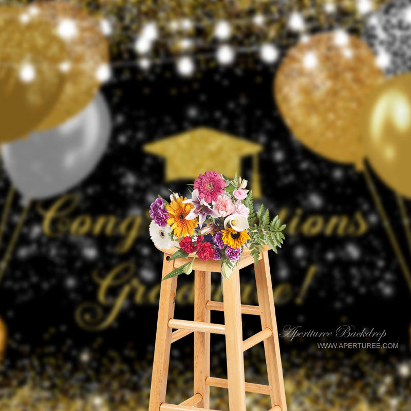 Aperturee - Balloons Gold Glitter Black Grad Backdrop For Photo