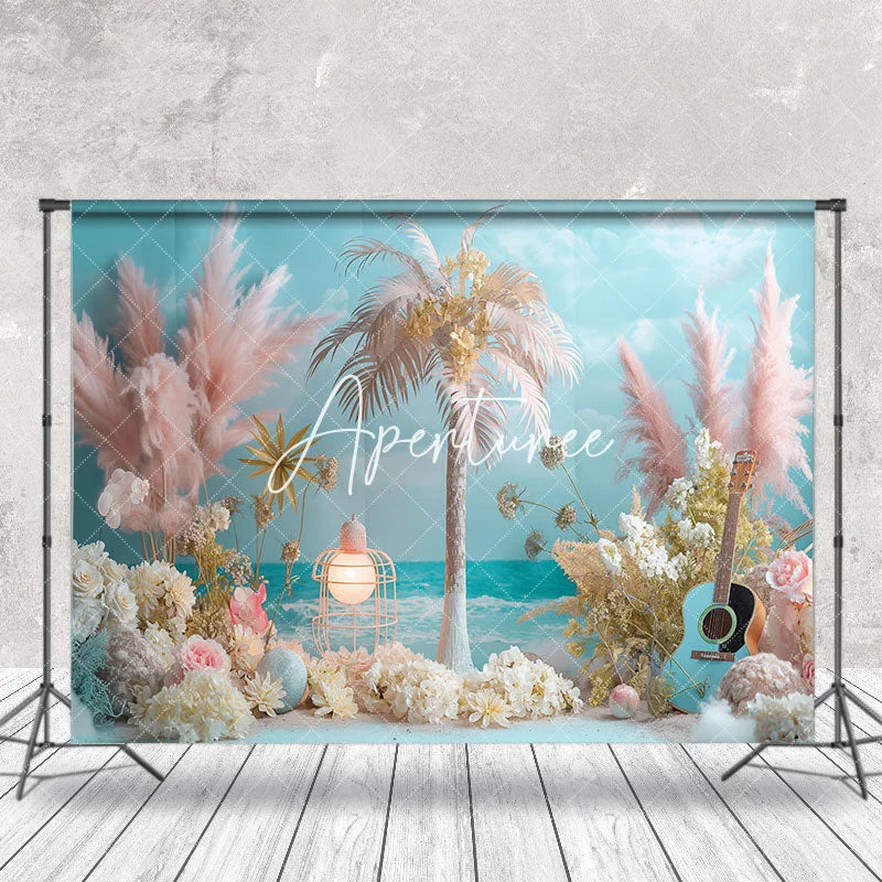 Aperturee - Beach Palm Trees Guitar Floral Cake Smash Backdrop