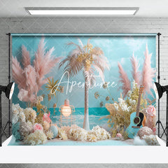 Aperturee - Beach Palm Trees Guitar Floral Cake Smash Backdrop