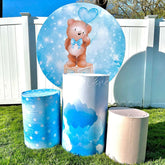 Aperturee - Bear Blue Bokeh Baby Shower Round Backdrop Kit for Boy