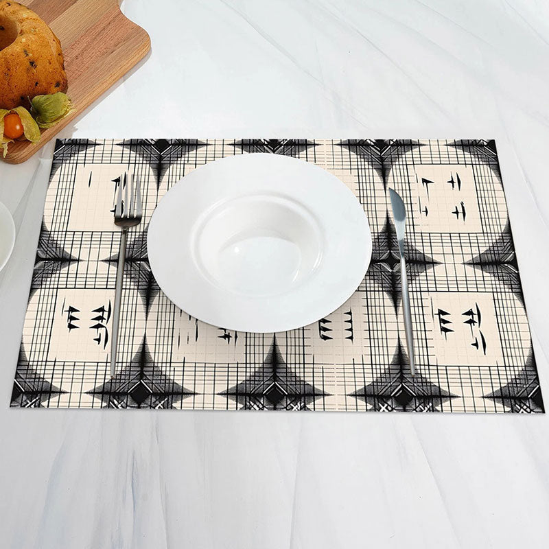 Aperturee - Beige Circle Black Line Abstract Set Of 4 Placemats