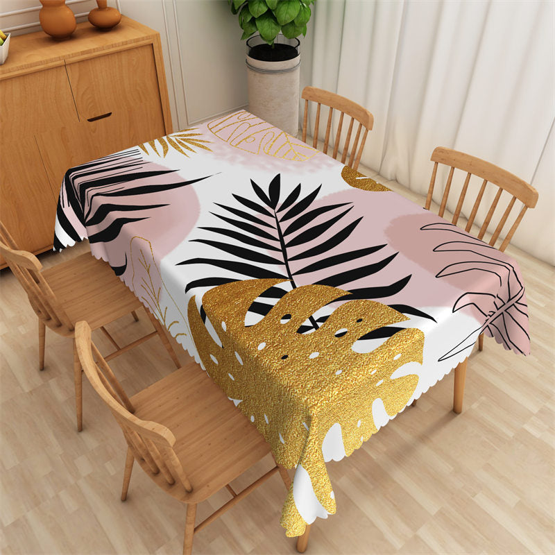 Aperturee - Big Gold Black Pink Leaves Rectangle Tablecloth