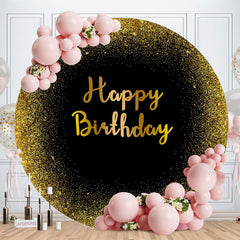 Aperturee - Black And Golden Glitter Round Happy Birthday Backdrop