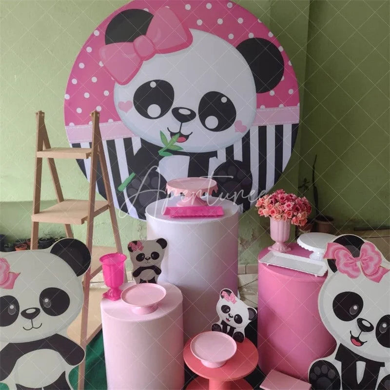 Aperturee - Black And White Panda Round Pink Birthday Backdorp