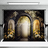 Aperturee - Black Arch Door White Floral Photography Backdrop