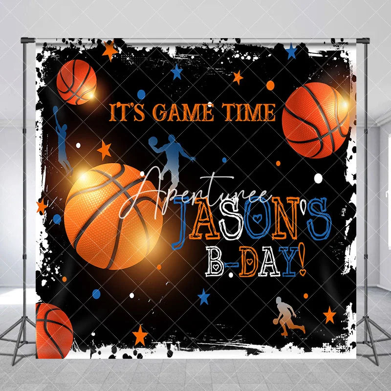 Aperturee - Black Basketball Game Time Custom Birthday Backdrop