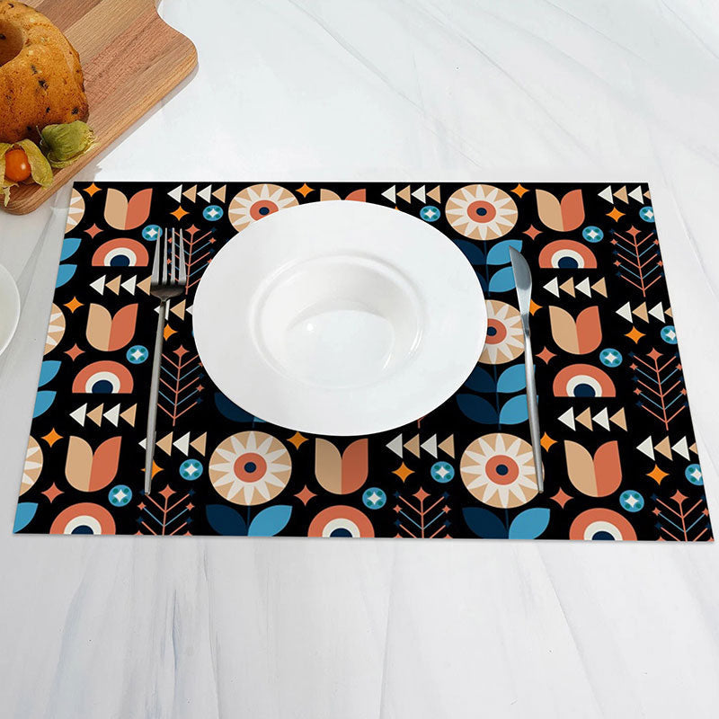 Aperturee - Black Color Floral Pattern Modern Set Of 4 Placemats