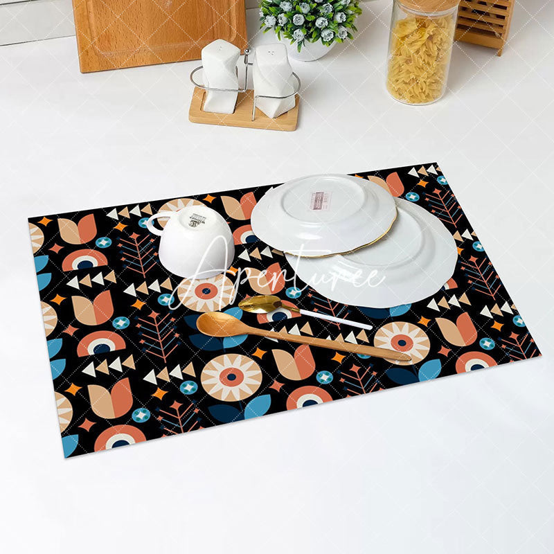 Aperturee - Black Color Floral Pattern Modern Set Of 4 Placemats