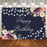 Aperturee - Black Floral And Glitter Lights Happy Birthday Backdrop