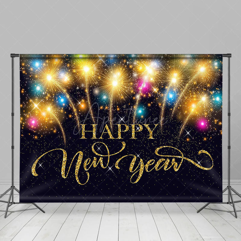 Aperturee - Black Glitter Sparkle Gold Happy New Year Backdrop