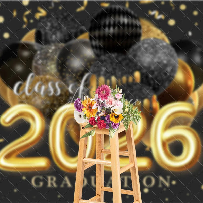 Aperturee - Black Gold Balloon Ribbon Class Of 2026 Grad Backdrop