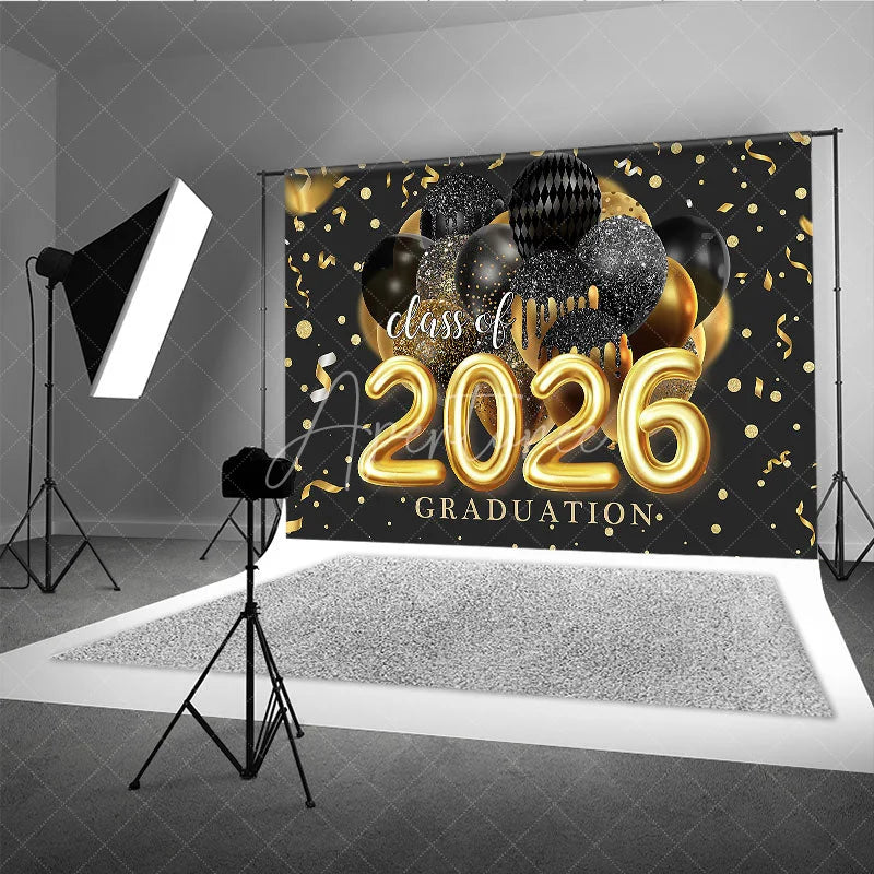 Aperturee - Black Gold Balloon Ribbon Class Of 2026 Grad Backdrop