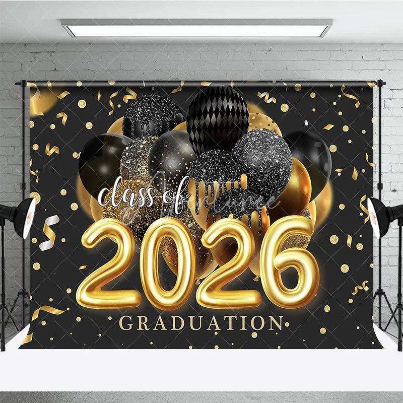 Aperturee - Black Gold Balloon Ribbon Class Of 2026 Grad Backdrop