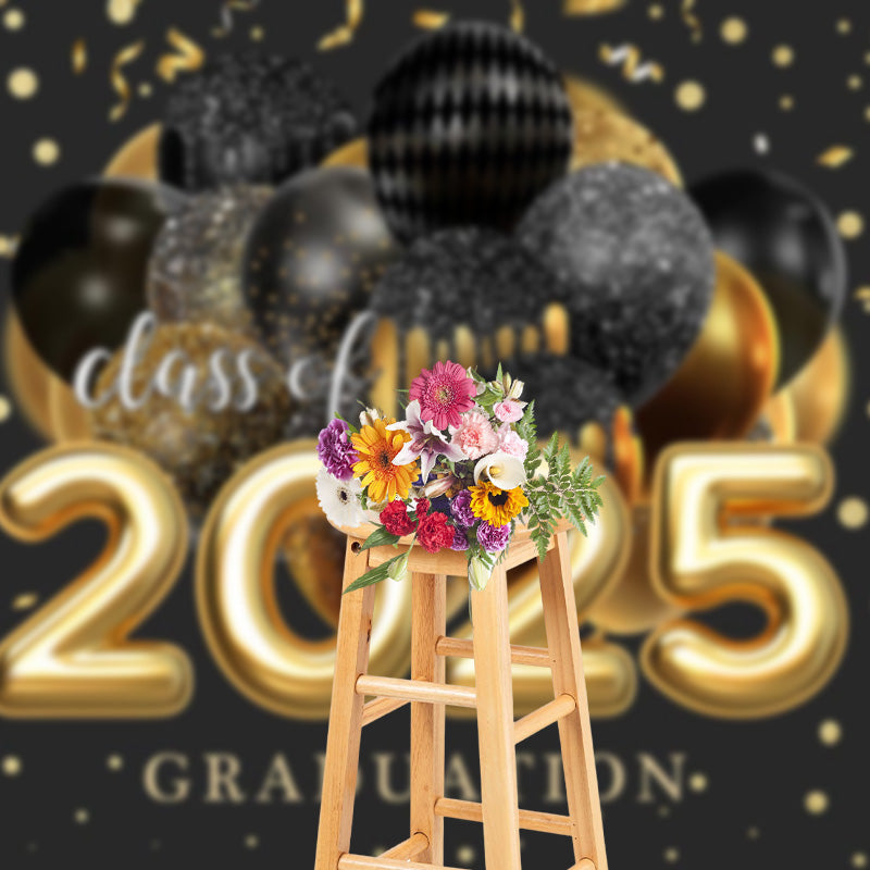 Aperturee - Black Gold Balloon Ribbon Class Of 2025 Grad Backdrop