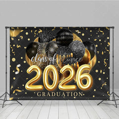 Aperturee - Black Gold Balloon Ribbon Class Of 2026 Grad Backdrop