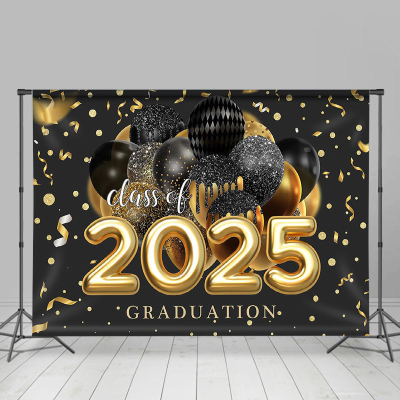 Aperturee - Black Gold Balloon Ribbon Class Of 2025 Grad Backdrop