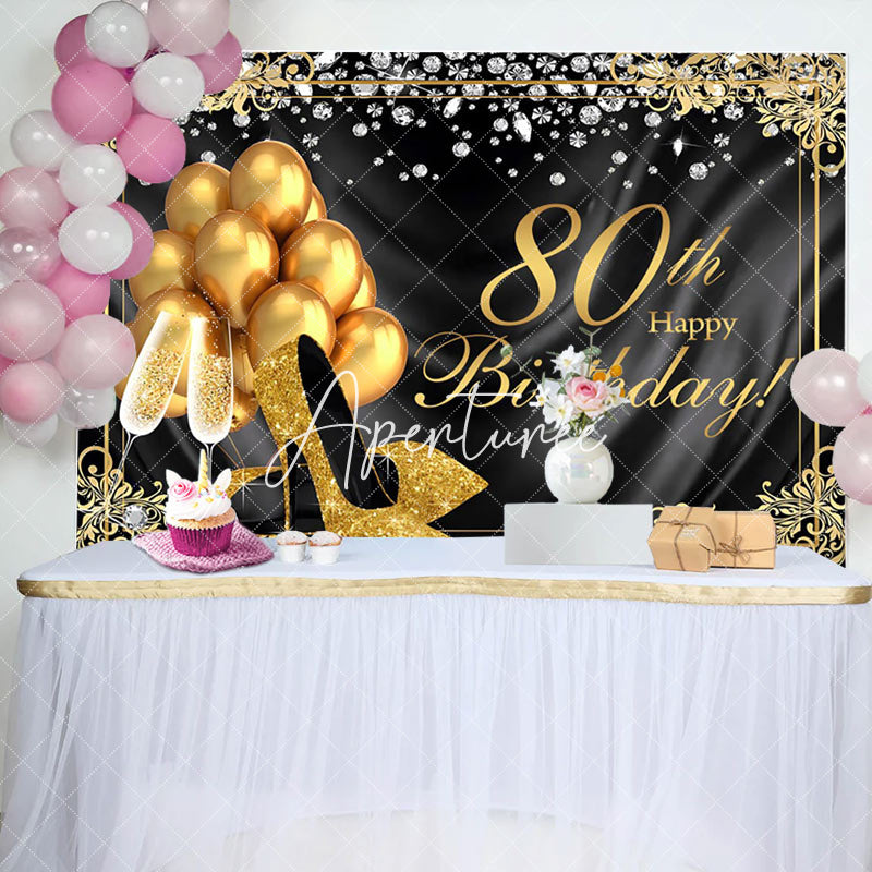 Aperturee - Black Gold Diamond Balloons 80th Birthday Backdrop