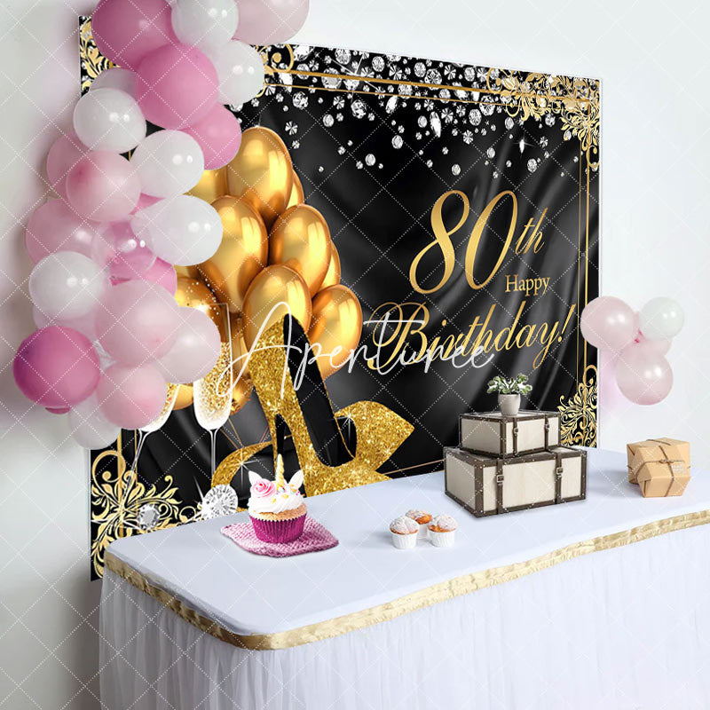 Aperturee - Black Gold Diamond Balloons 80th Birthday Backdrop