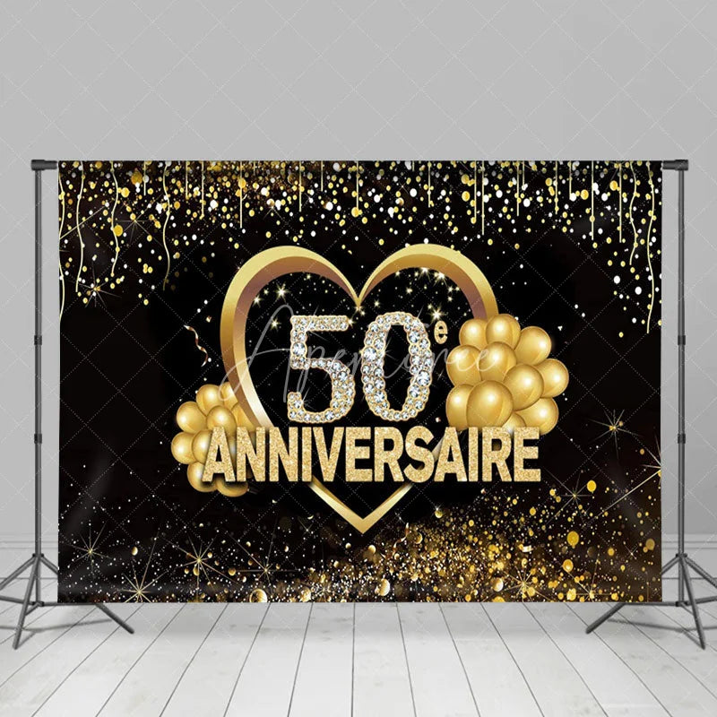 Aperturee - Black Gold Glitter Balloon 50th Anniversary Backdrop