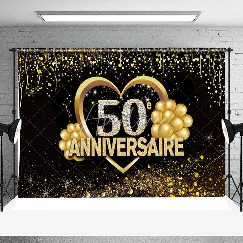 Aperturee - Black Gold Glitter Balloon 50th Anniversary Backdrop