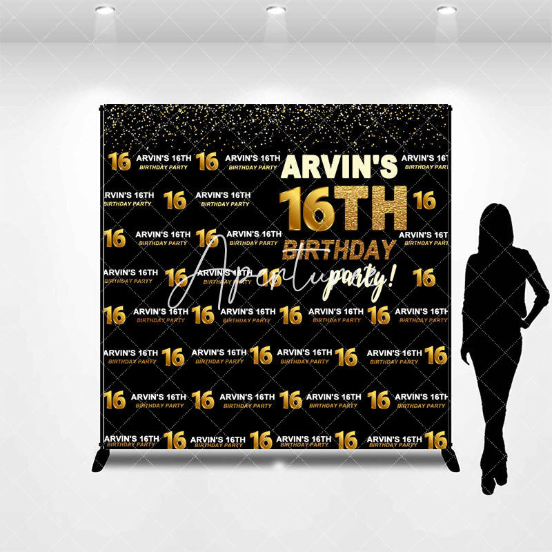 Aperturee - Black Gold Glitter Custom 16th Birthday Backdrop