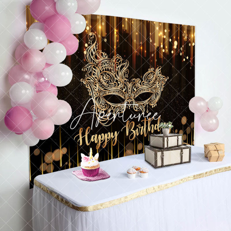 Aperturee - Black Gold Mask Glitter Bokeh Happy Birthday Backdrop