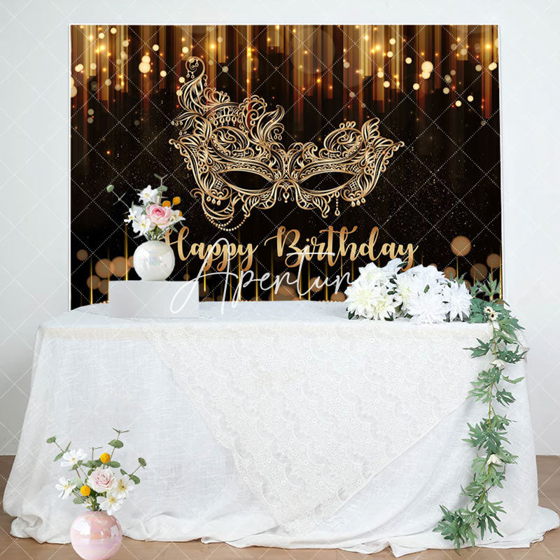 Aperturee - Black Gold Mask Glitter Bokeh Happy Birthday Backdrop