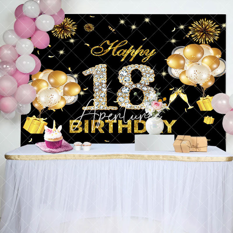 Aperturee - Black Gold Sparkle Balloons 18th Birthday Backdrop