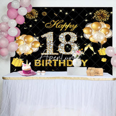 Aperturee - Black Gold Sparkle Balloons 18th Birthday Backdrop