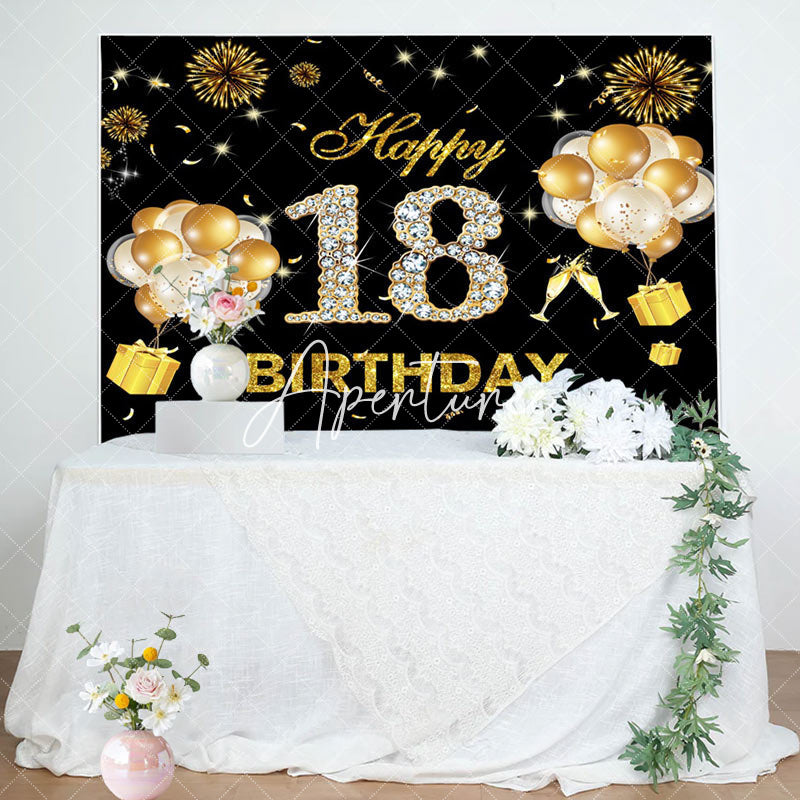 Aperturee - Black Gold Sparkle Balloons 18th Birthday Backdrop