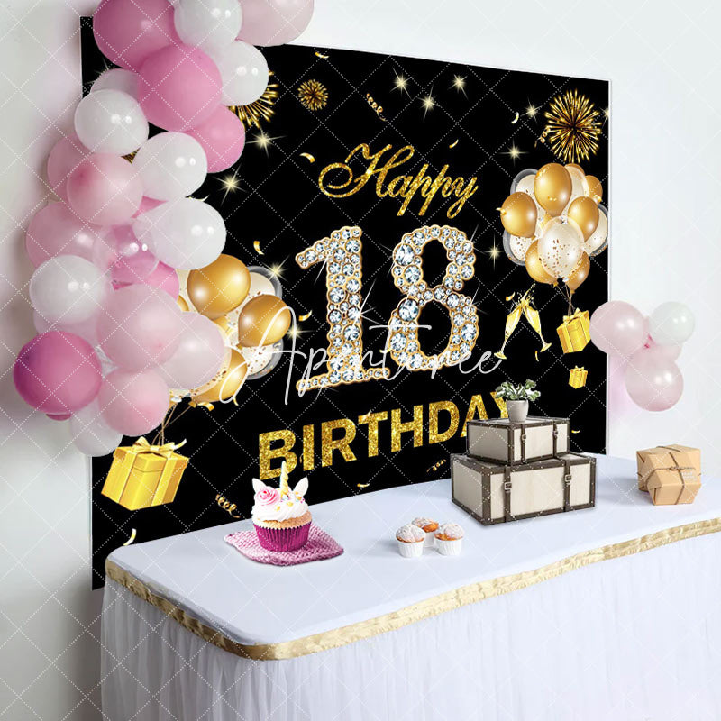Aperturee - Black Gold Sparkle Balloons 18th Birthday Backdrop