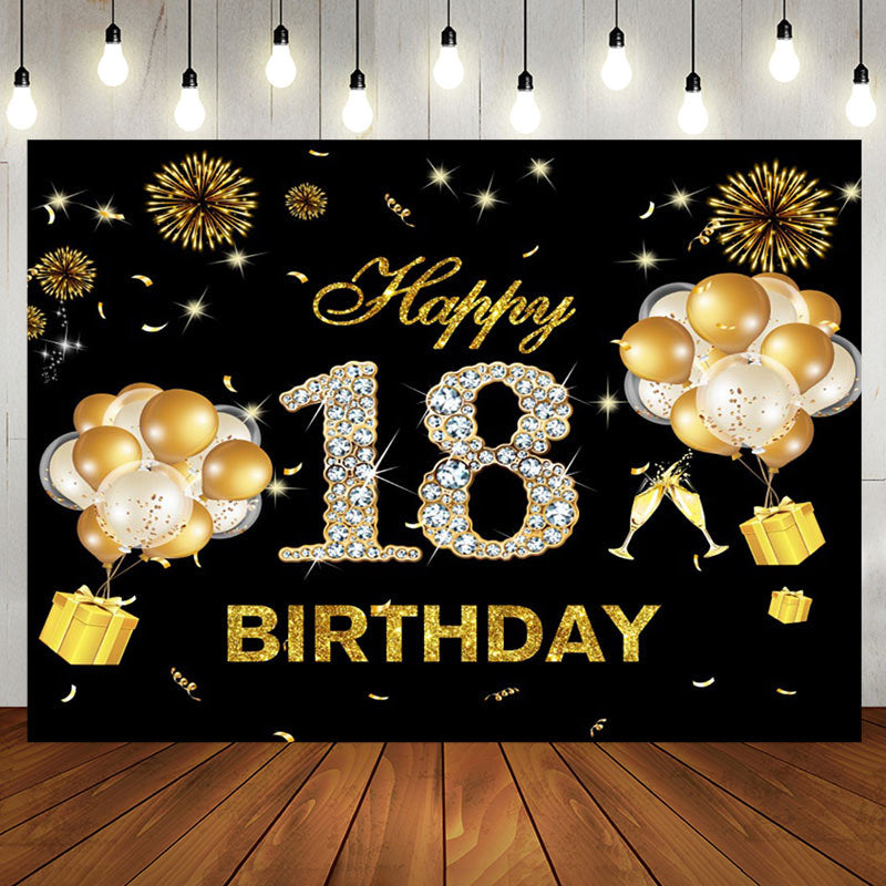 Aperturee - Black Gold Sparkle Balloons 18th Birthday Backdrop