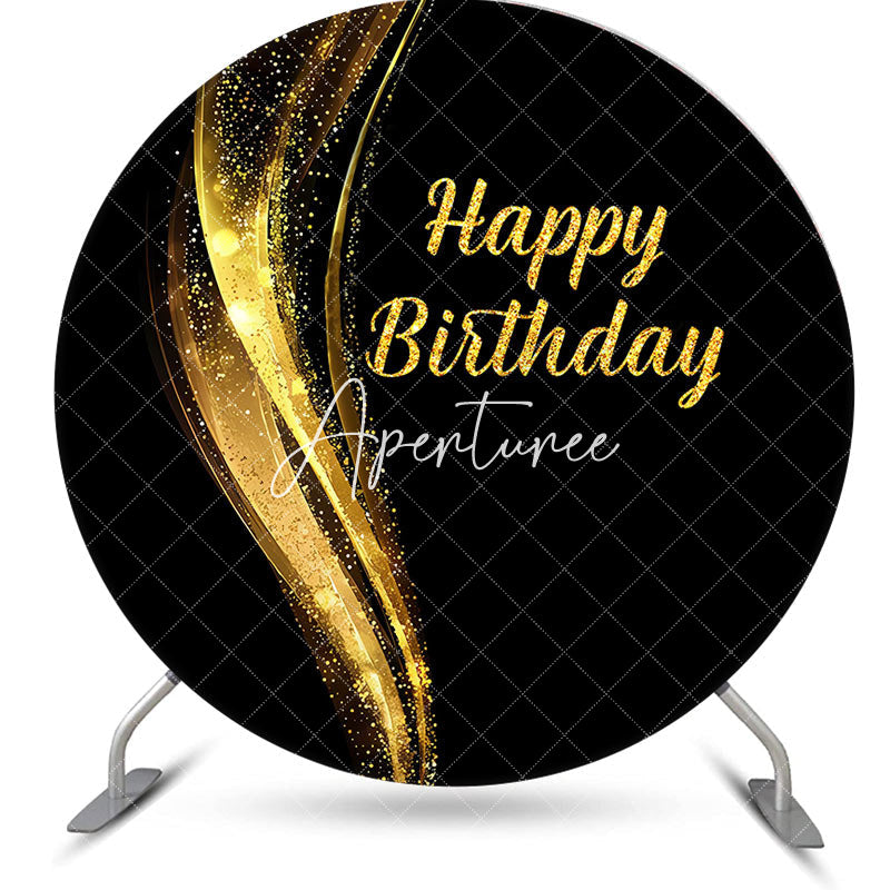 Aperturee - Black Gold Sparkle Round Happy Birthday Backdrop