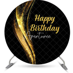 Aperturee - Black Gold Sparkle Round Happy Birthday Backdrop