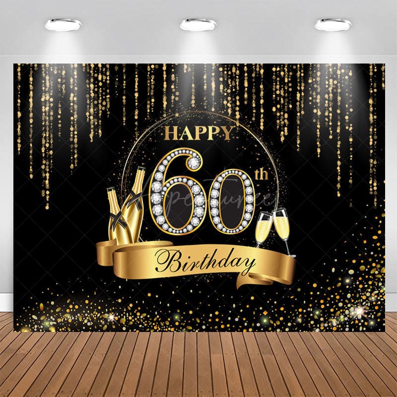 Aperturee - Black And Golden Glitter Happy 60Th Birthday Backdrop