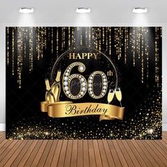 Aperturee - Black And Golden Glitter Happy 60Th Birthday Backdrop