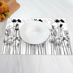 Aperturee - Black Grey Dandelion Floral Print Set Of 4 Placemats