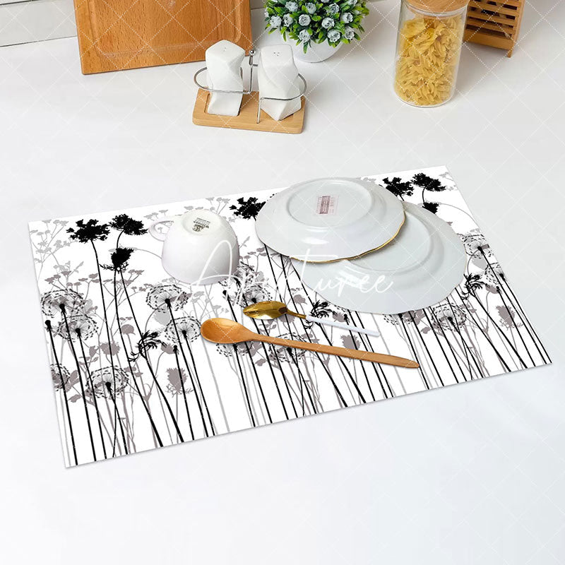 Aperturee - Black Grey Dandelion Floral Print Set Of 4 Placemats