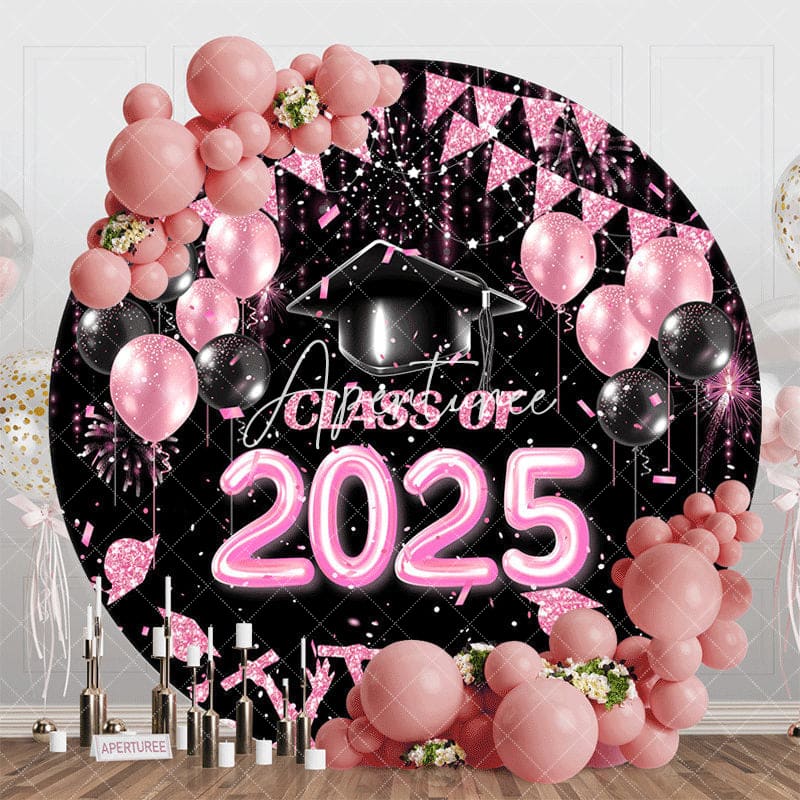 Aperturee - Black Pink Balloon Class Of 2025 Round Grad Backdrop