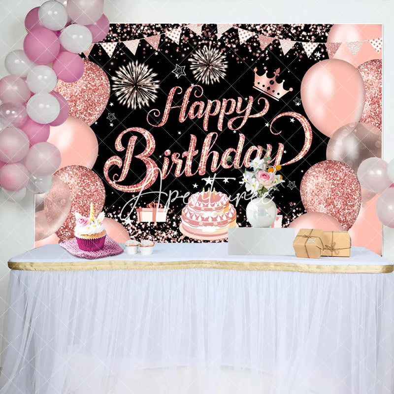 Aperturee - Black Pink Balloons Stars Cake Birthday Backdrop