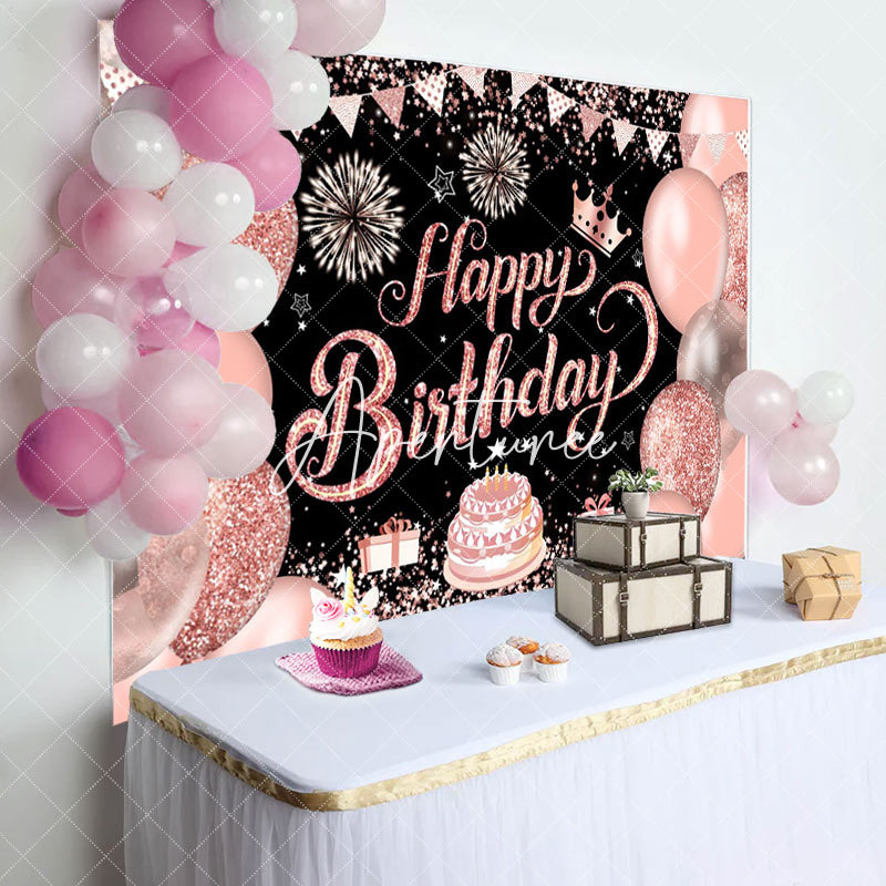 Aperturee - Black Pink Balloons Stars Cake Birthday Backdrop