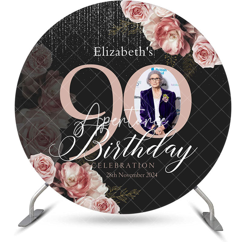 Aperturee - Black Pink Floral Round 90th Birthday Party Backdrop